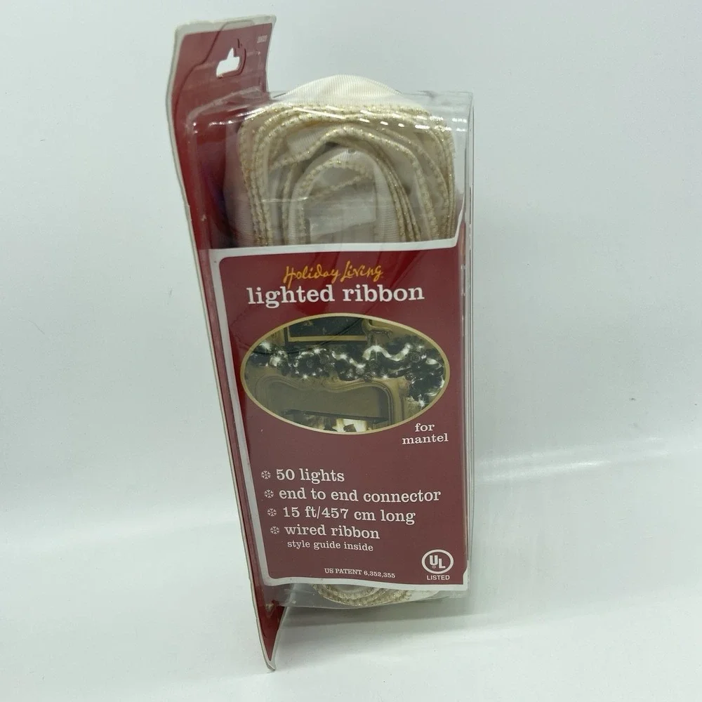 Holiday Living Lighted Ribbon 15ft 50‎ Lights Cream Gold Wired Indoor NEW